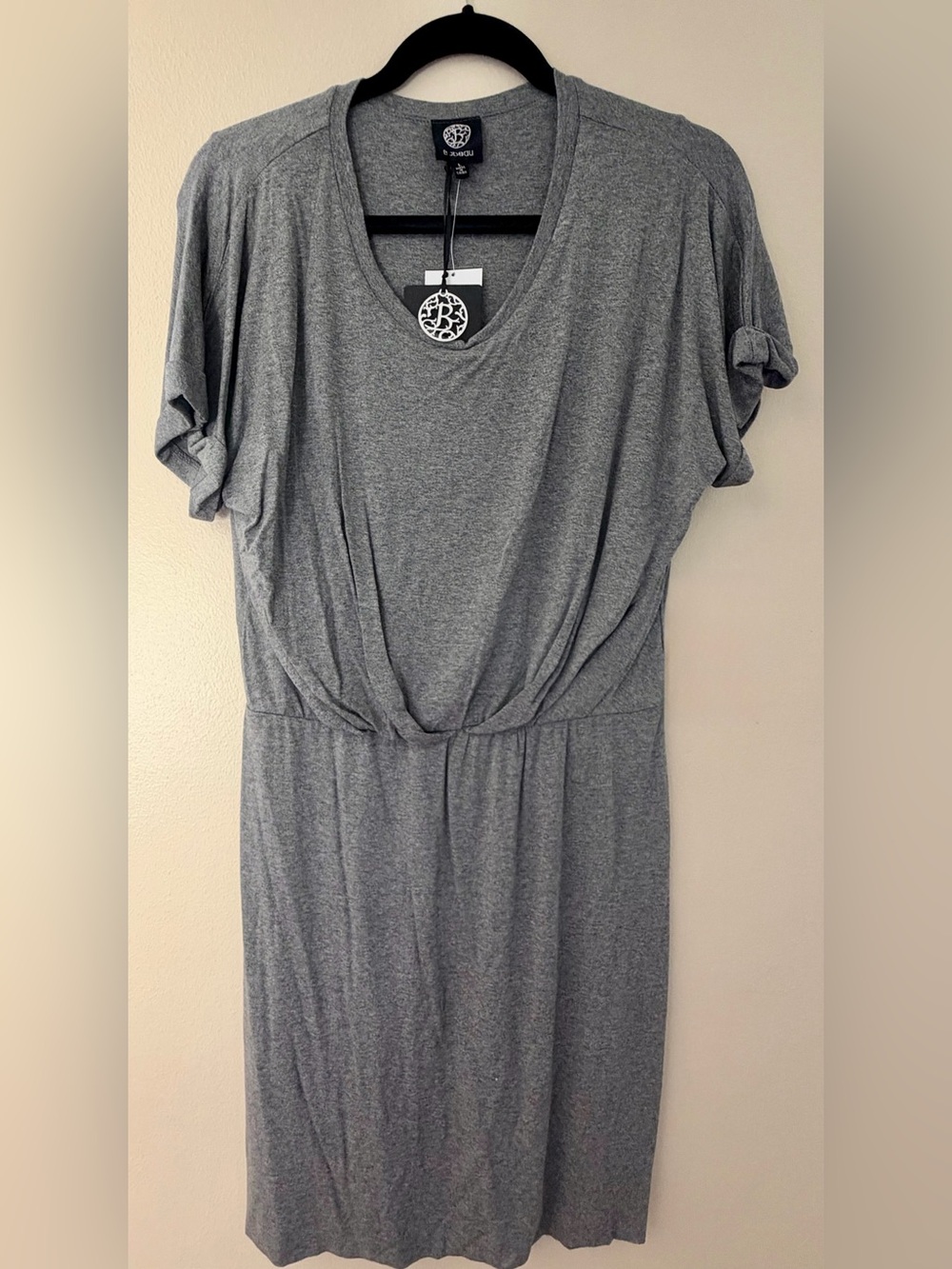 Bobeau Heather Gray Draped Short Sleeve Midi Dress Size L NWT